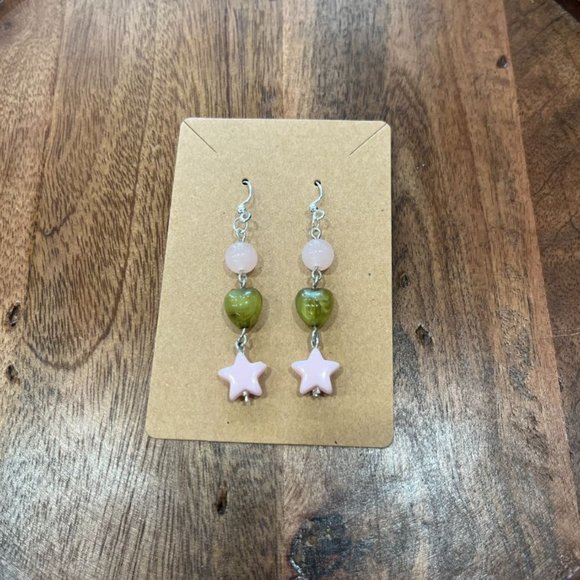 Pink & Green Star Dangle Beaded Wire Loop Earrings - Picture 1 of 3